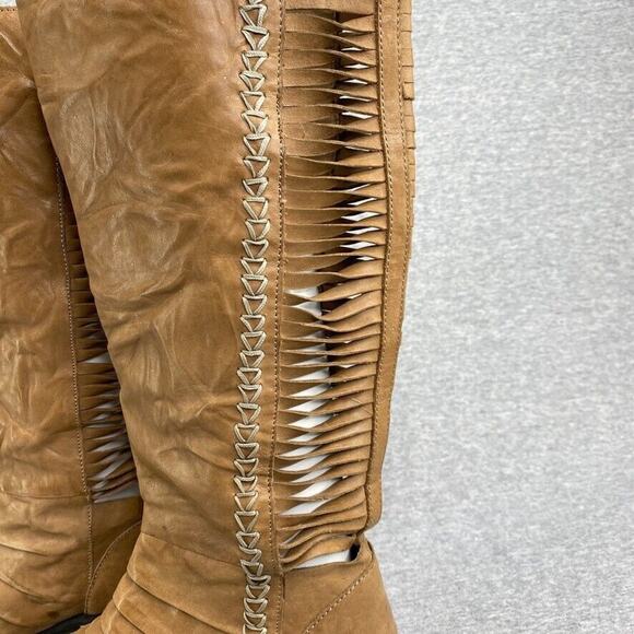 Very Volatile Boots Womens 6.5 Tan Brown Leather Riding Tall Cut Out - Picture 7 of 11
